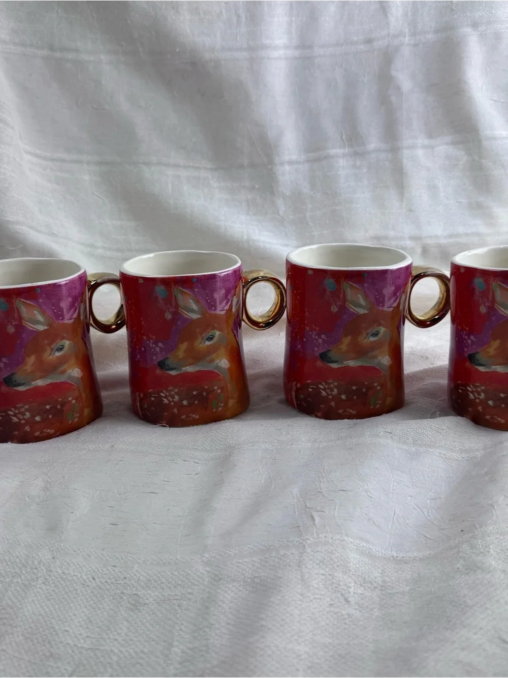 Anthropologie Deer Ceramic Mug Set in Pink and Red